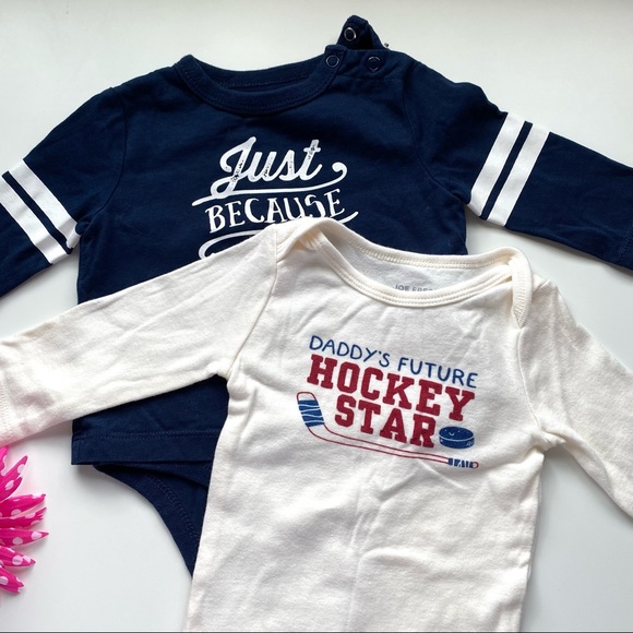 Two Long Sleeve Joe Fresh Sport / Hockey themed Onesies Size 3-6m - Picture 2 of 5